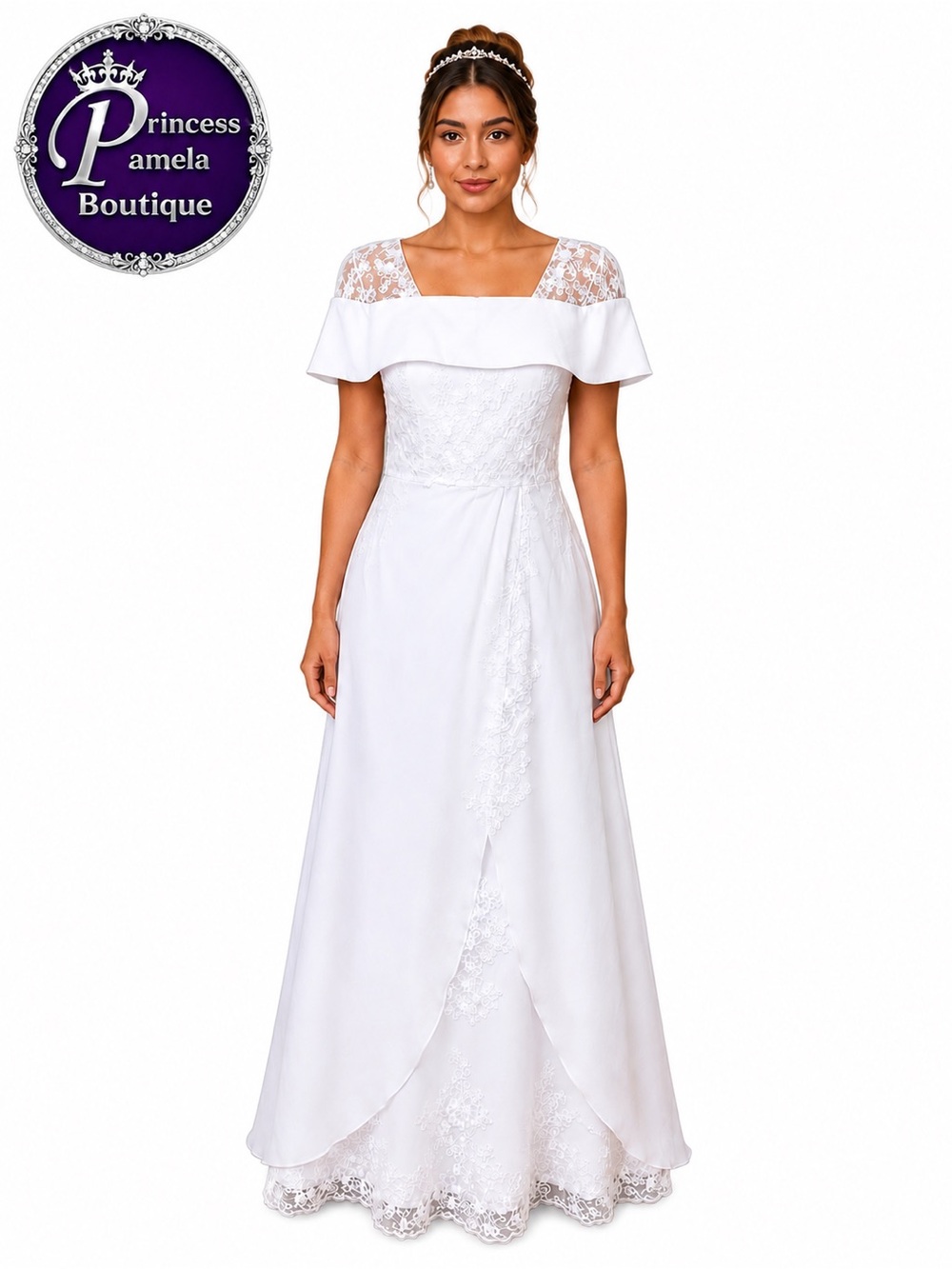 #42-7 White sequin boat neckline asymmetrical hem bridal gown -
Large/Size 14